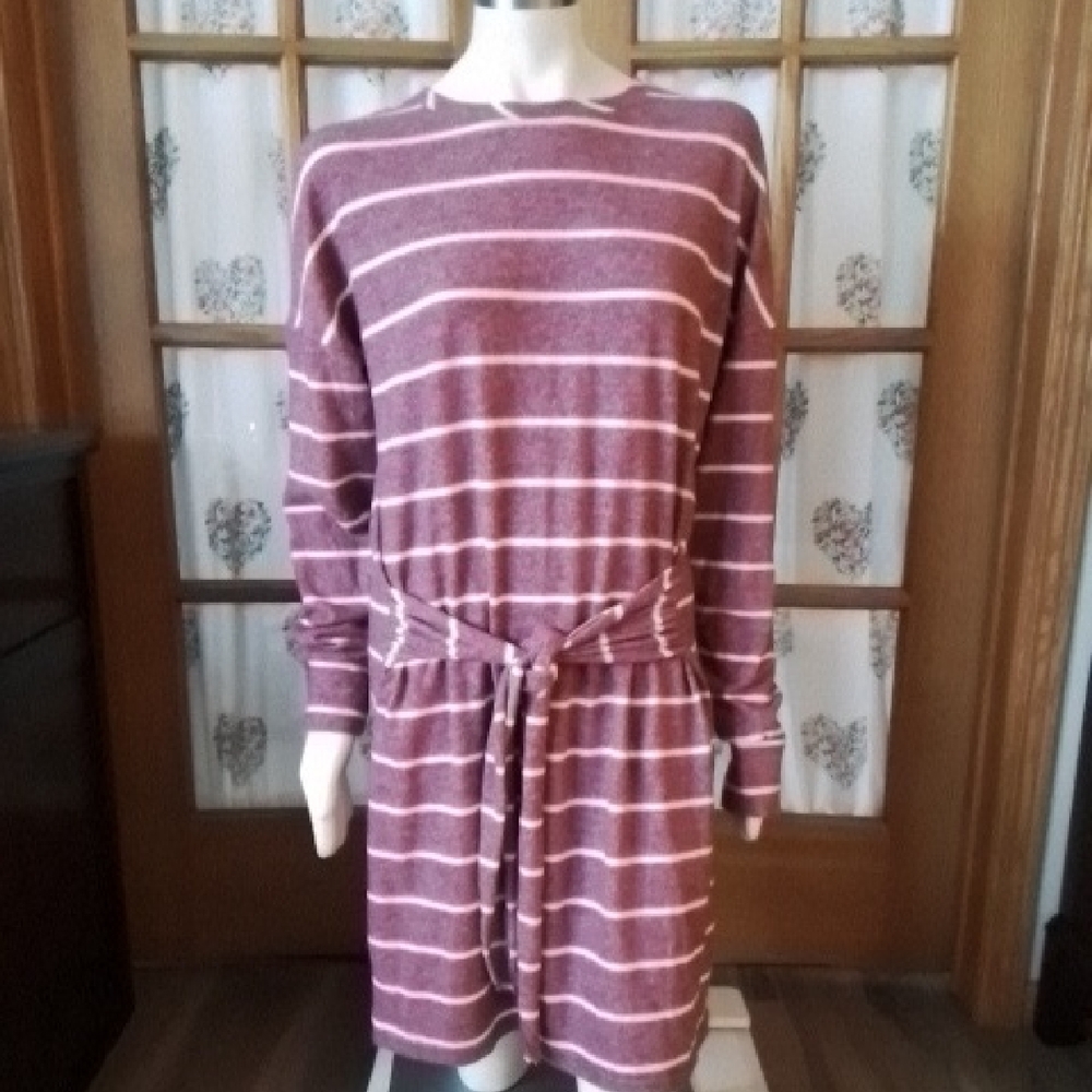 NEW! Thyme + Honey Cotton/Rayon Red/White Striped Long Sleeve Belted Dress, L.